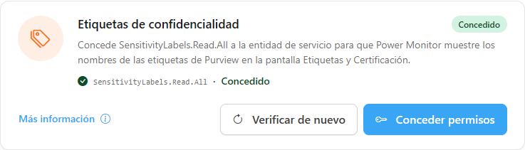 Tarjeta Etiquetas de confidencialidad con el estado del permiso SensitivityLabels.Read.All