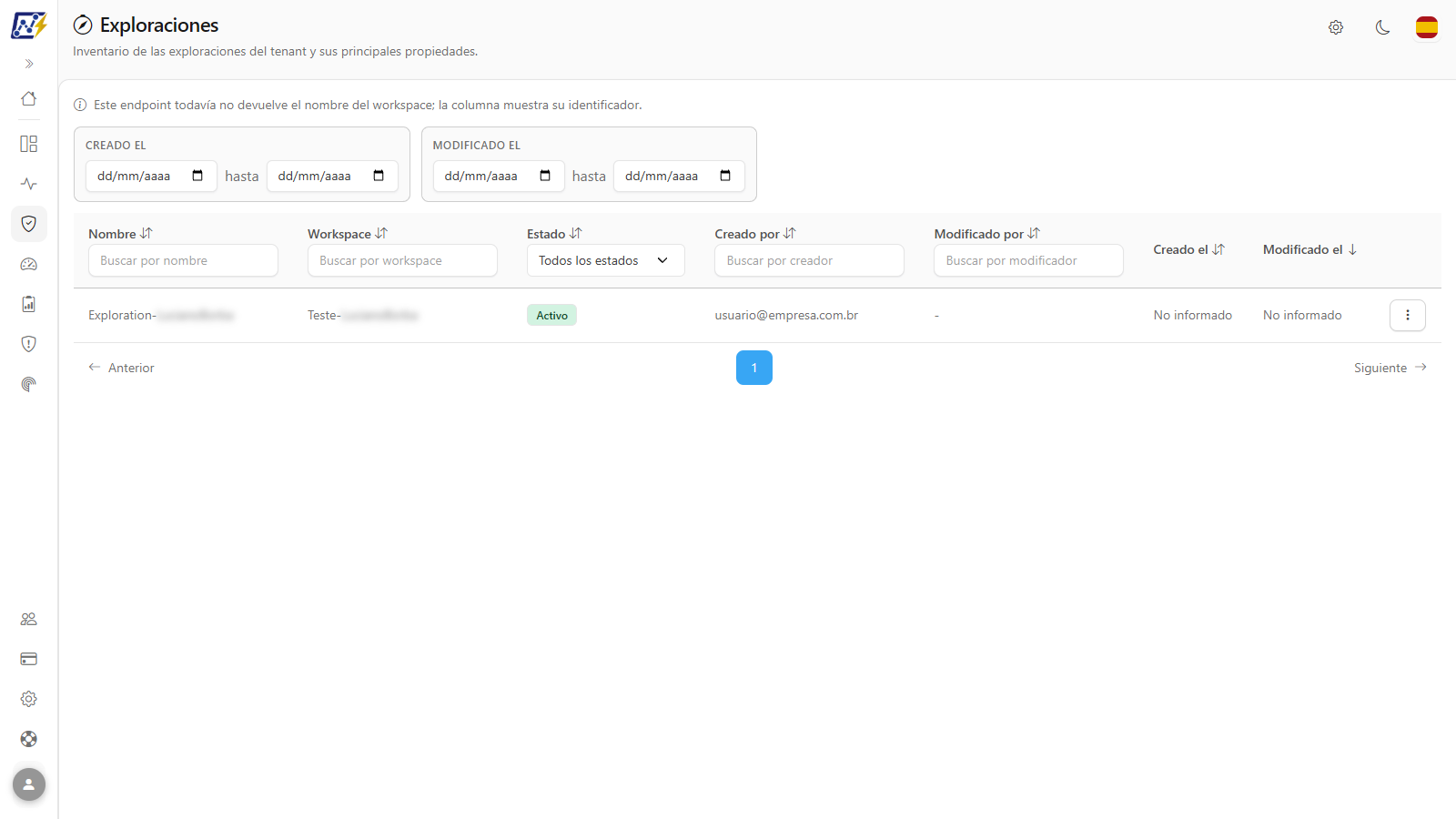 Pantalla de Exploraciones con la tabla de exploraciones y los filtros en el encabezado