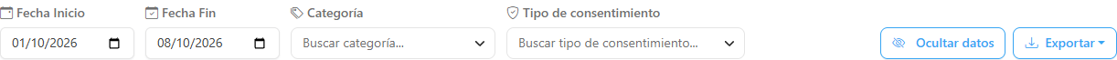 Filtros Categoría y Tipo de consentimiento abiertos, con las opciones encontradas