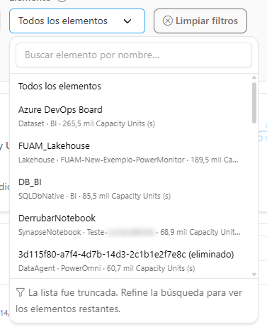 Selector Elemento abierto con el campo Buscar elemento por nombre