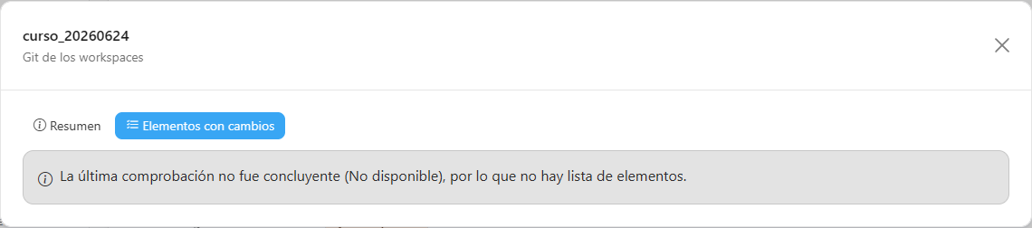 Modal de detalles de Git de un workspace en la pestaña Elementos con cambios, con las columnas Elemento, Tipo, En el workspace, En la rama y Conflicto