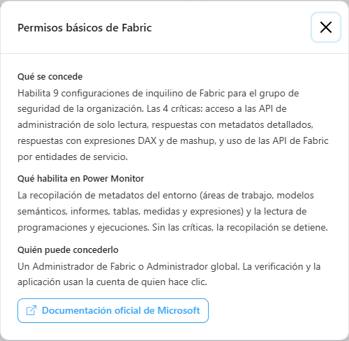 Ventana Más información con Qué se concede, Qué habilita en Power Monitor y Quién puede concederlo