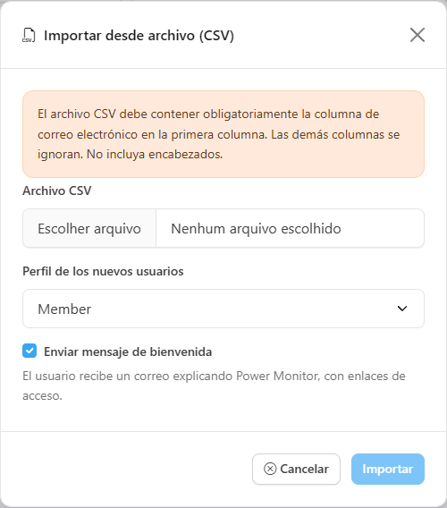 Modal Importar desde archivo (CSV) con el selector de archivo y el Perfil de los nuevos usuarios