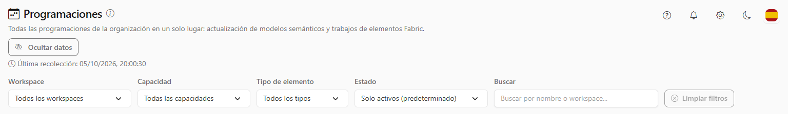 Encabezado de la pantalla Programaciones con Última recolección y la fila de filtros