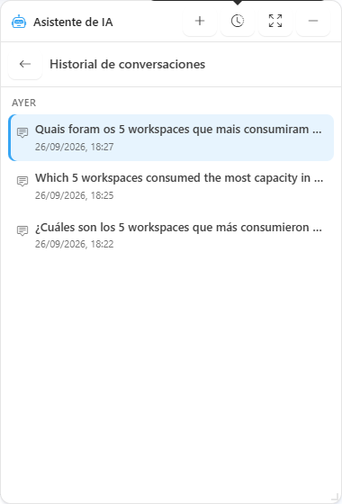 Panel Historial de conversaciones del Asistente de IA