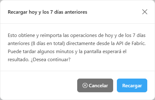Modal Recargar hoy y los 7 días anteriores con los botones Recargar y Cancelar