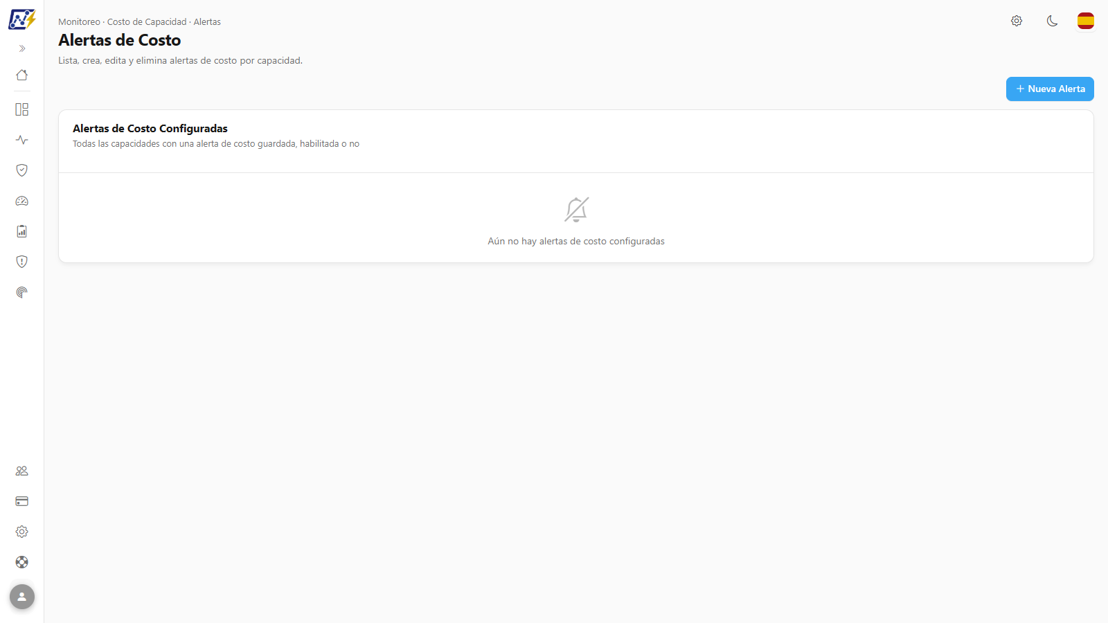 Página Alertas de Costo con la tabla de alertas configuradas