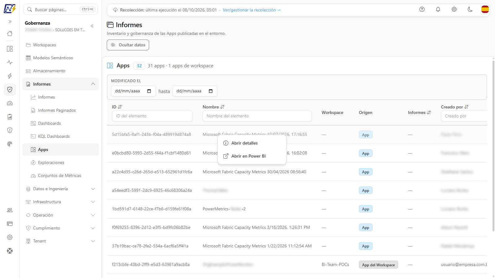 Menú de acciones de una App de Power BI con las opciones Abrir detalles y Abrir en Power BI