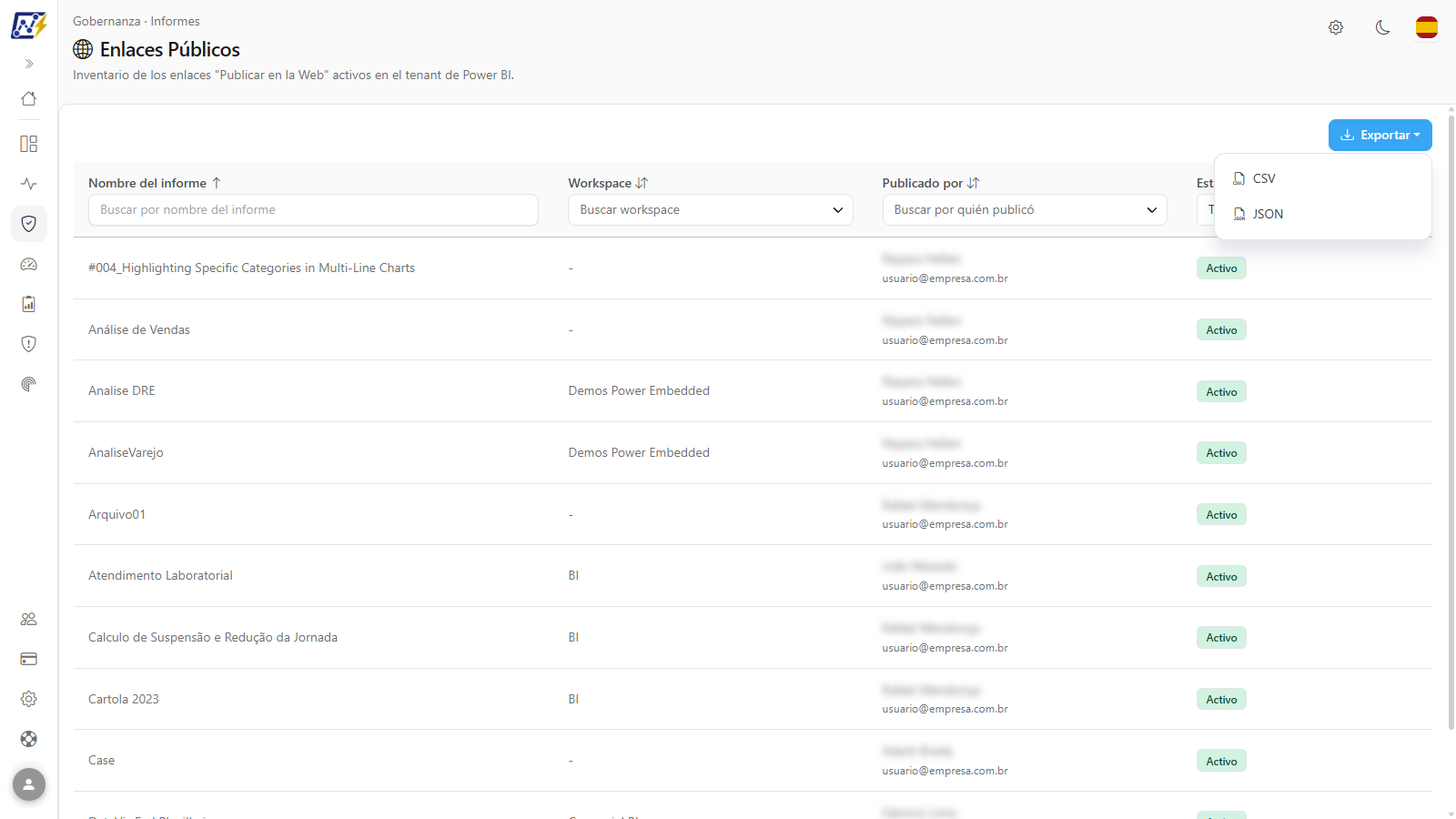 Menú Exportar abierto con las opciones CSV y JSON