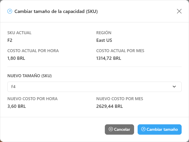 Modal Cambiar tamaño de la capacidad (SKU) con un nuevo SKU elegido y la vista previa del nuevo costo