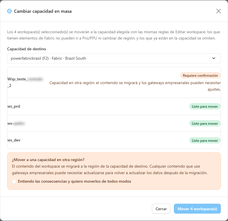 Modal Cambiar capacidad en masa con la Capacidad de destino elegida y la lista de workspaces con los estados Listo para mover, Requiere confirmación, Bloqueado y Ya está en esta capacidad