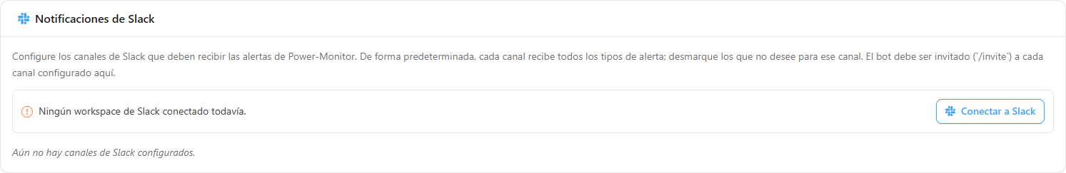 Sección Notificaciones de Slack con el estado de la conexión y el botón Conectar a Slack