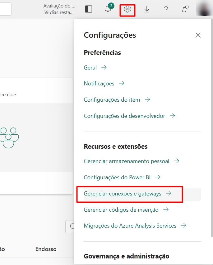 Menú de configuración de Power BI con la opción Administrar conexiones y puertas de enlace