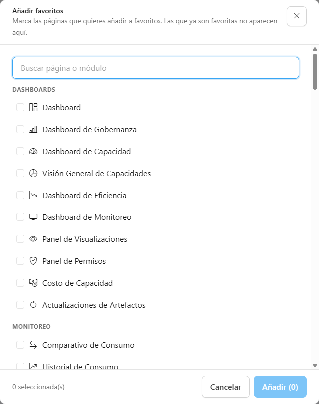 Ventana Añadir favoritos con el campo de búsqueda y las pantallas agrupadas por dominio