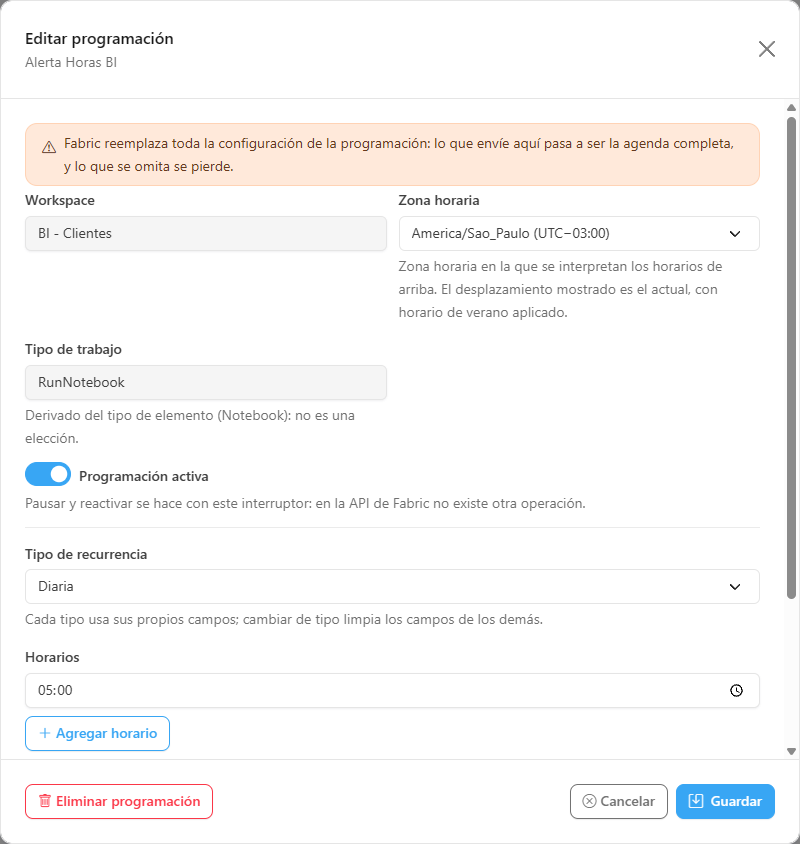 Formulario Editar programación con el aviso de que se reemplaza toda la configuración