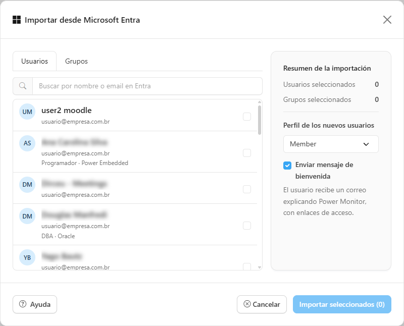 Modal Importar desde Microsoft Entra con las pestañas Usuarios y Grupos