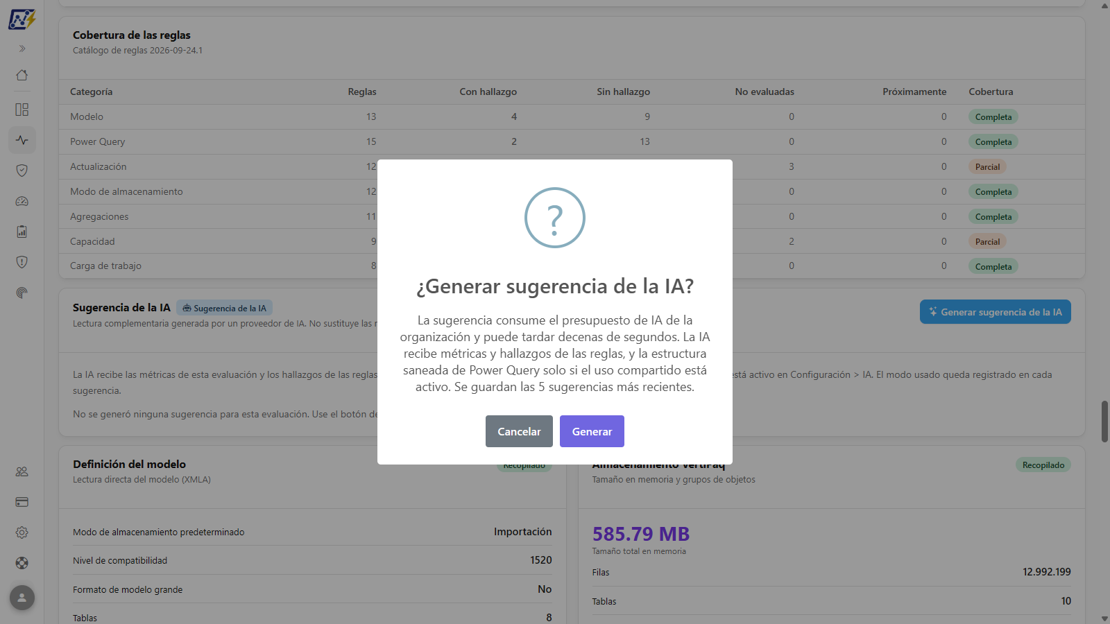 Diálogo Generar sugerencia de la IA con la explicación del consumo de presupuesto y de lo que se envía