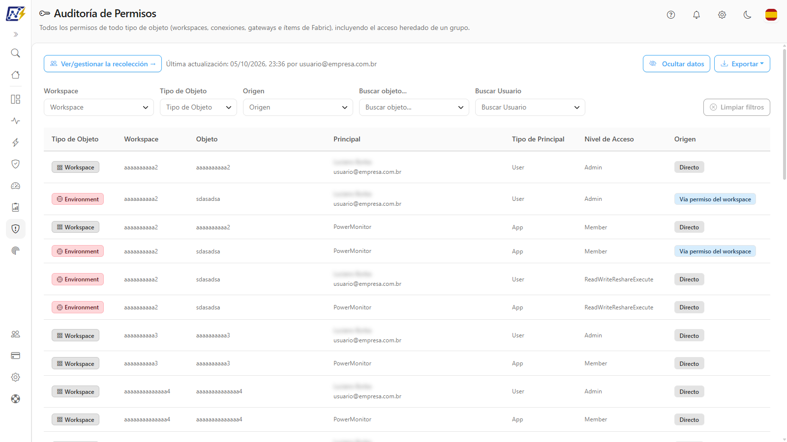 Auditoría de Permisos con el enlace Ver/gestionar la recolección, los botones Ocultar datos y Exportar, los filtros y la lista de permisos