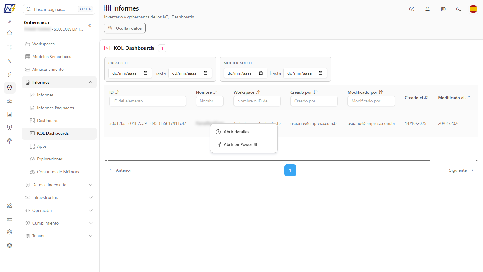 Menú de acciones de un KQL Dashboard con las opciones Abrir detalles y Abrir en Power BI