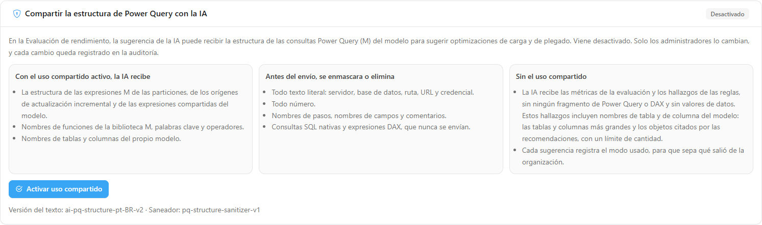 Tarjeta Compartir la estructura de Power Query con la IA con el estado y los tres cuadros de lo que se envía