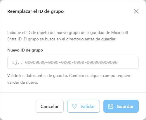 Modal Reemplazar el ID de grupo con el campo Nuevo ID de grupo