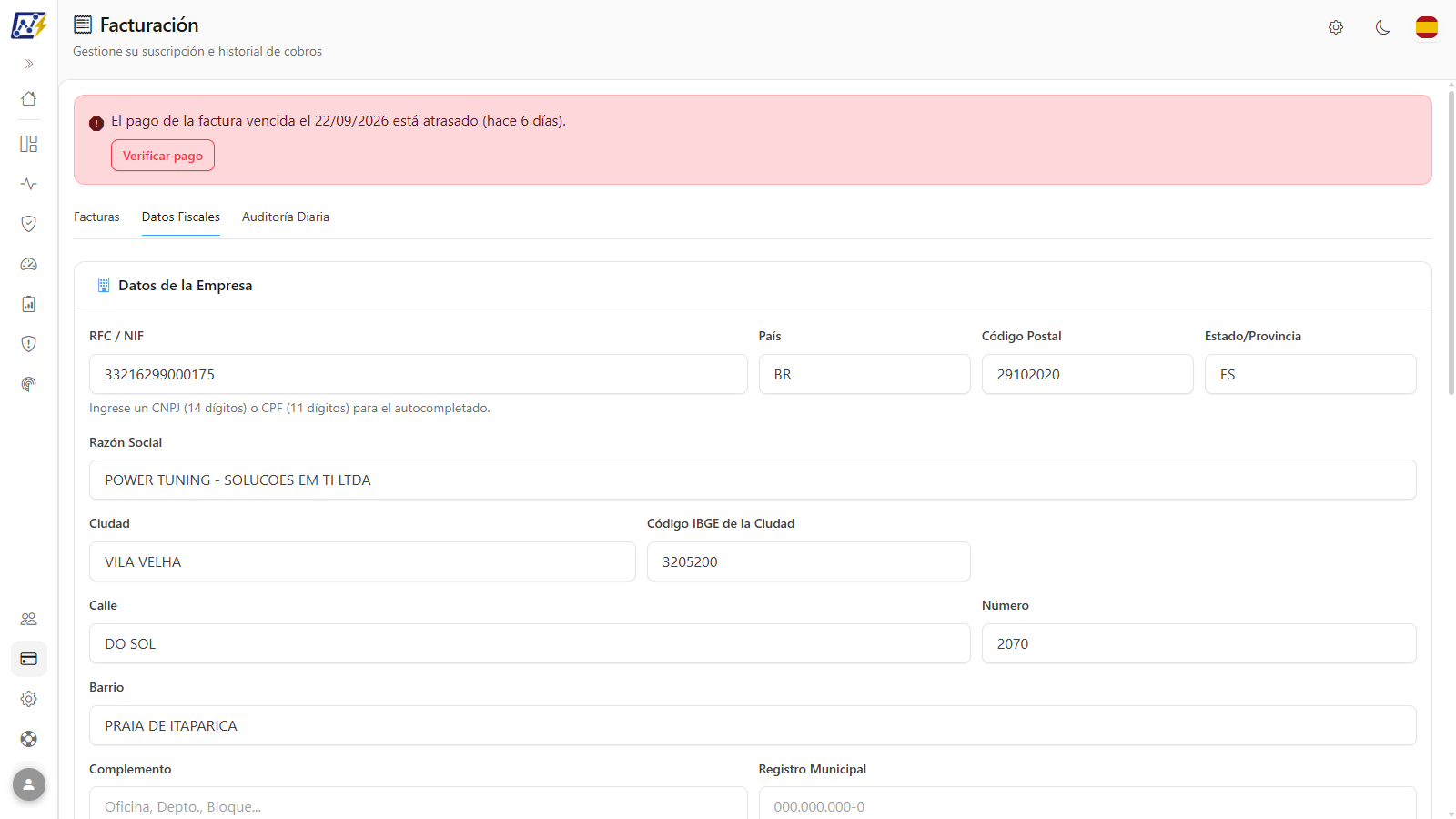 Pestaña Datos Fiscales con los datos de la empresa y la configuración de facturación