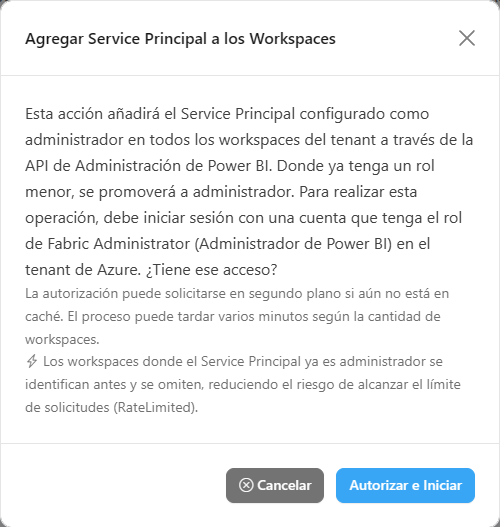 Modal Agregar Service Principal a los Workspaces con la explicación de la operación y el botón Autorizar e Iniciar