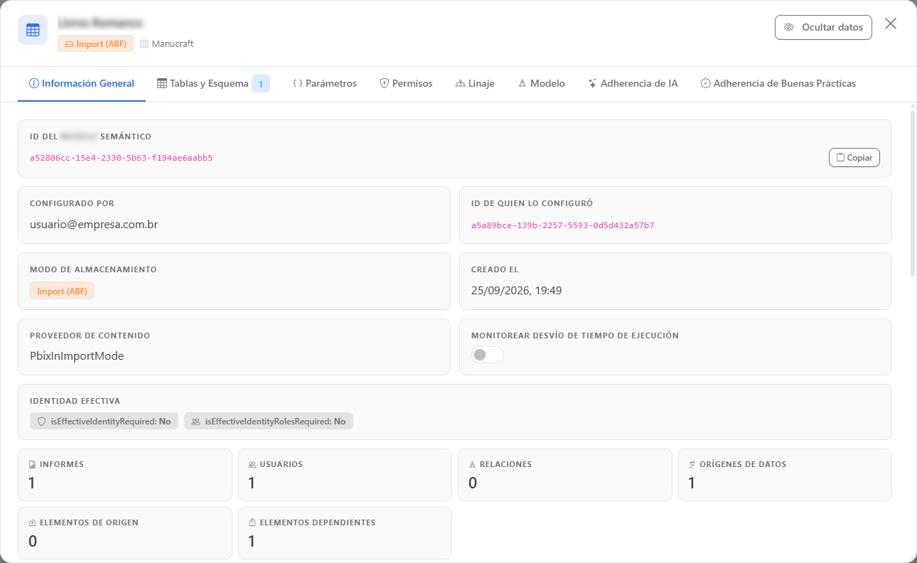 Pestaña Información General del modal de modelo semántico con detalles técnicos VertiPaq