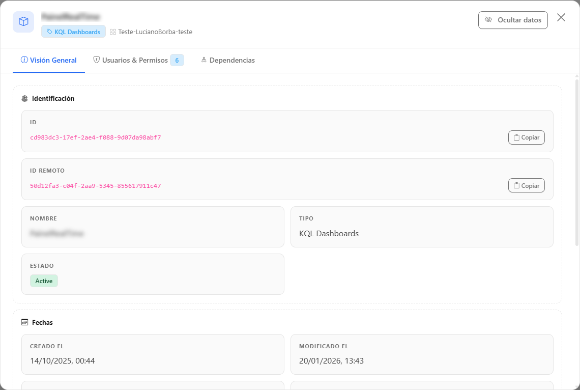 Modal de detalles de un KQL Dashboard en la pestaña Visión General, con las secciones Identificación, Fechas y Capacidad y ubicación