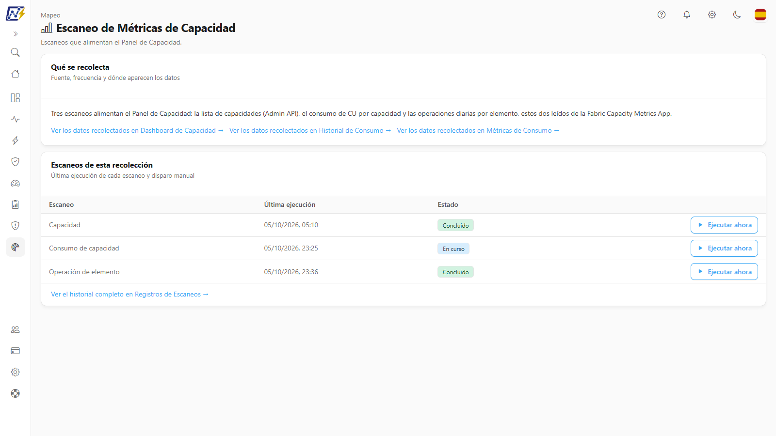 Pantalla Métricas de Capacidad con las tarjetas Qué se recolecta y Escaneos de esta recolección con las filas Capacidad, Consumo de capacidad y Operación de elemento
