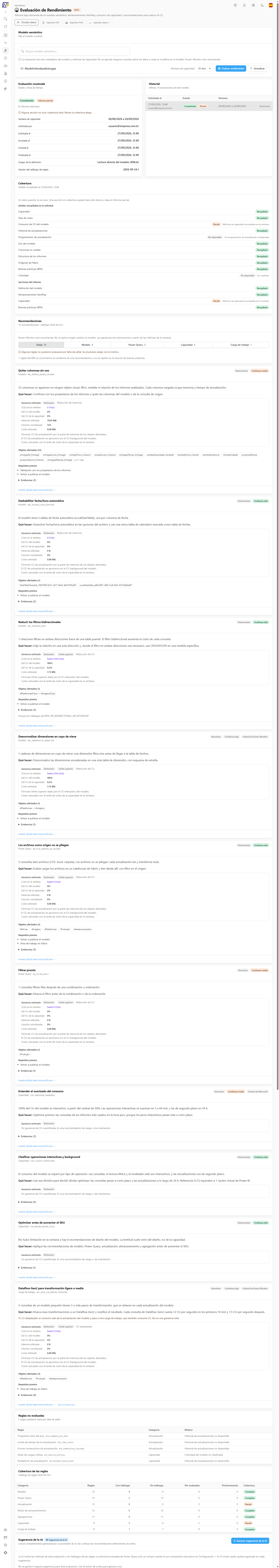 Pantalla Evaluación de Rendimiento con un modelo semántico seleccionado y una evaluación completada