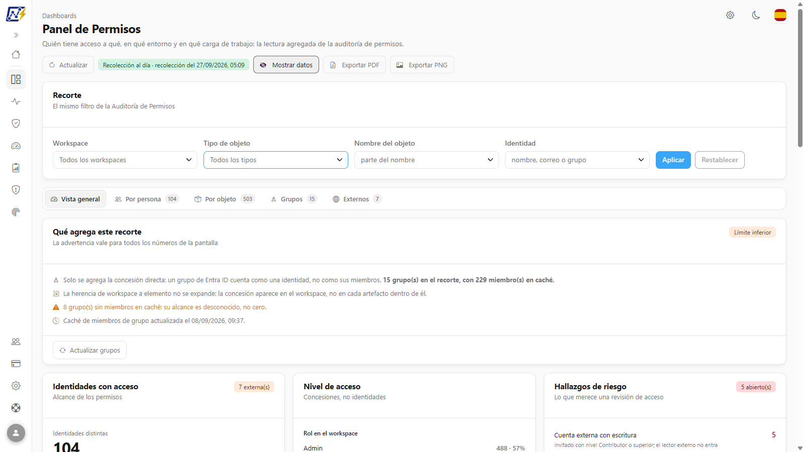 Tarjeta Recorte con los filtros Workspace, Tipo de objeto, Nombre del objeto e Identidad y la lista de tipos abierta
