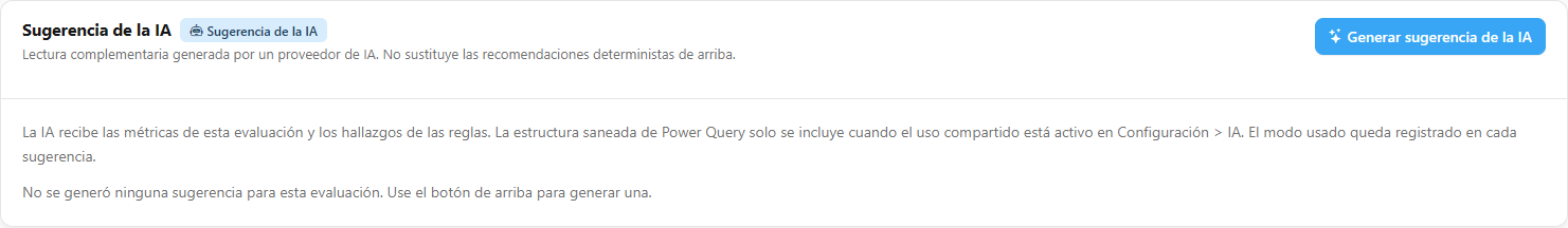 Tarjeta Sugerencia de la IA con el botón Generar sugerencia de la IA y la explicación de lo que se envía
