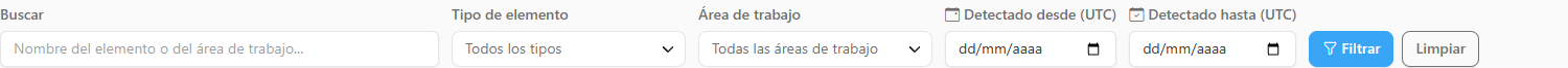 Barra de filtros con Buscar, Tipo de elemento, Área de trabajo, período de detección y los botones Filtrar y Limpiar