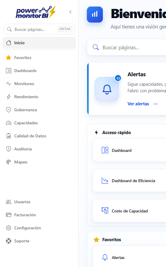 Menú principal expandido con el campo de búsqueda, Inicio, Favoritos, los nombres de las áreas y las utilidades en la parte inferior