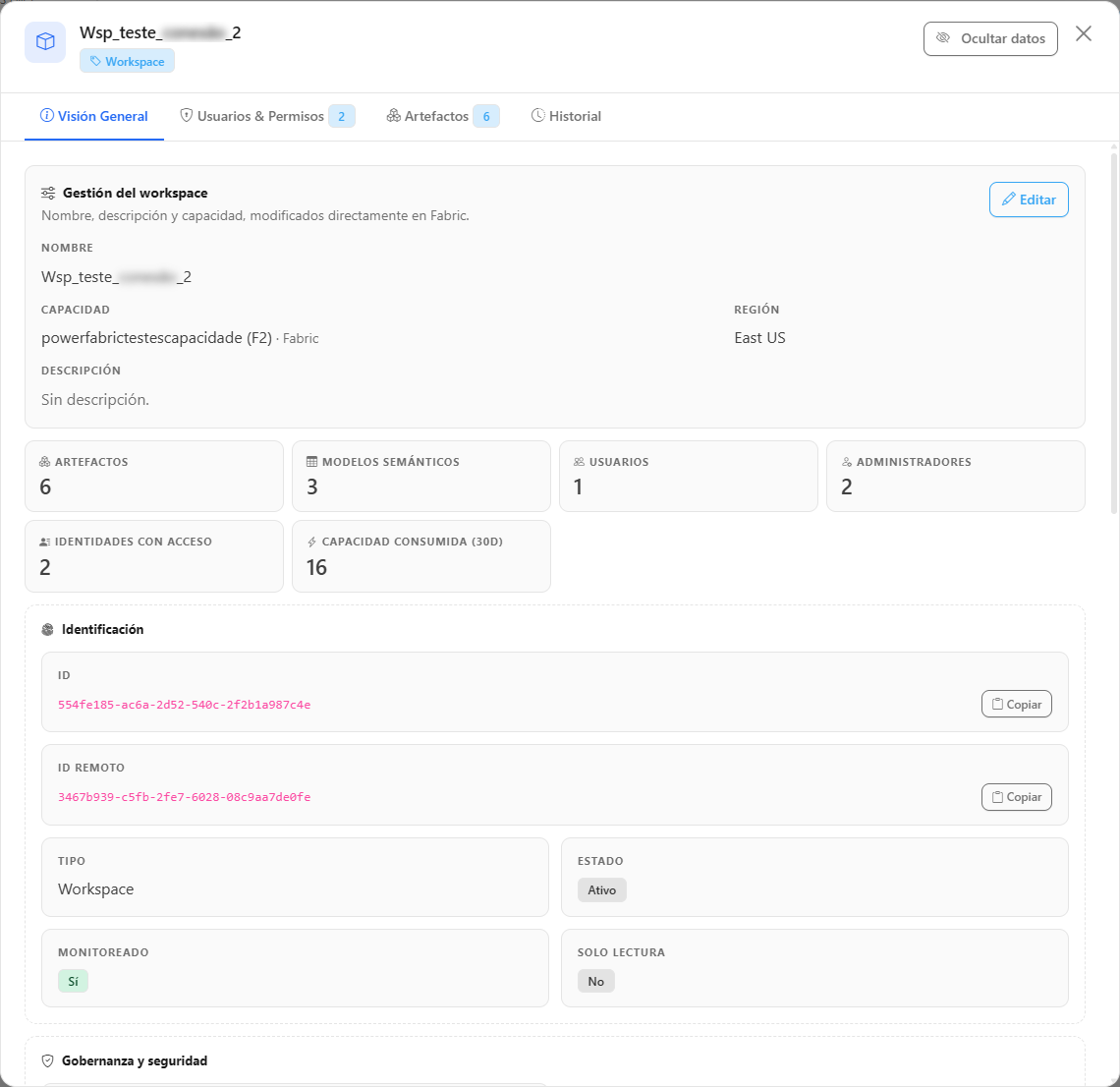 Modal de detalles del workspace, pestaña Visión General, con la tarjeta Gestión del workspace, las secciones de propiedades y el interruptor de monitoreo de desvío
