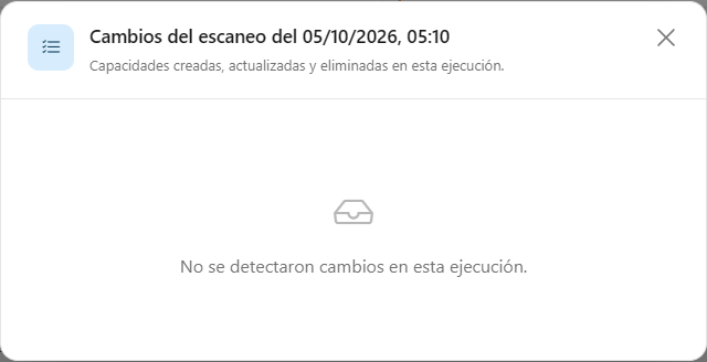 Modal de cambios de un escaneo de capacidades con las secciones Creados, Actualizados y Eliminados