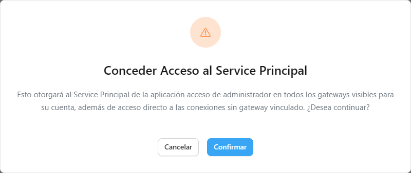 Modal de confirmación Conceder Acceso al Service Principal