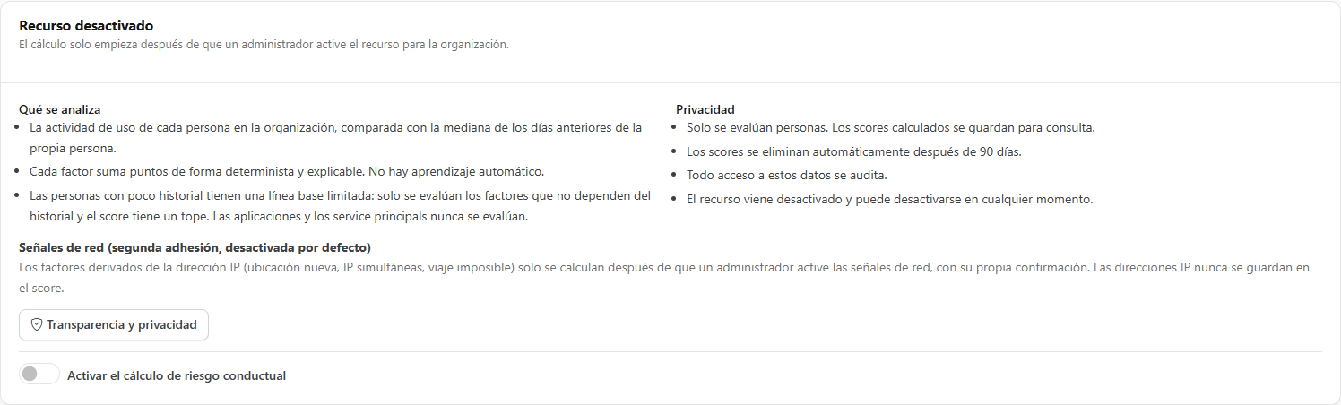 Tarjeta Recurso desactivado con los bloques Qué se analiza y Privacidad, la segunda adhesión de señales de red y el botón Activar el cálculo de riesgo conductual