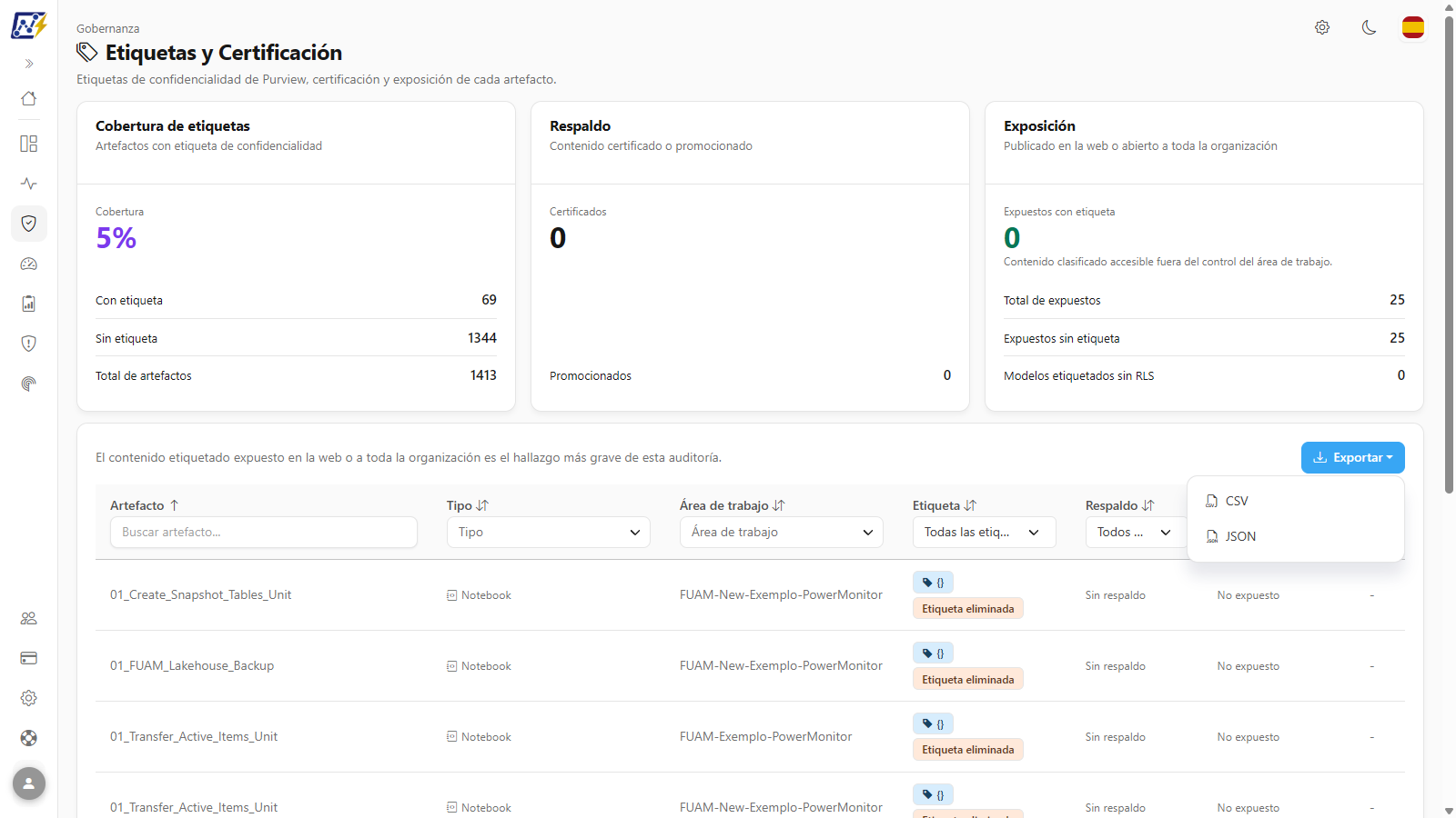 Menú Exportar abierto con las opciones CSV y JSON
