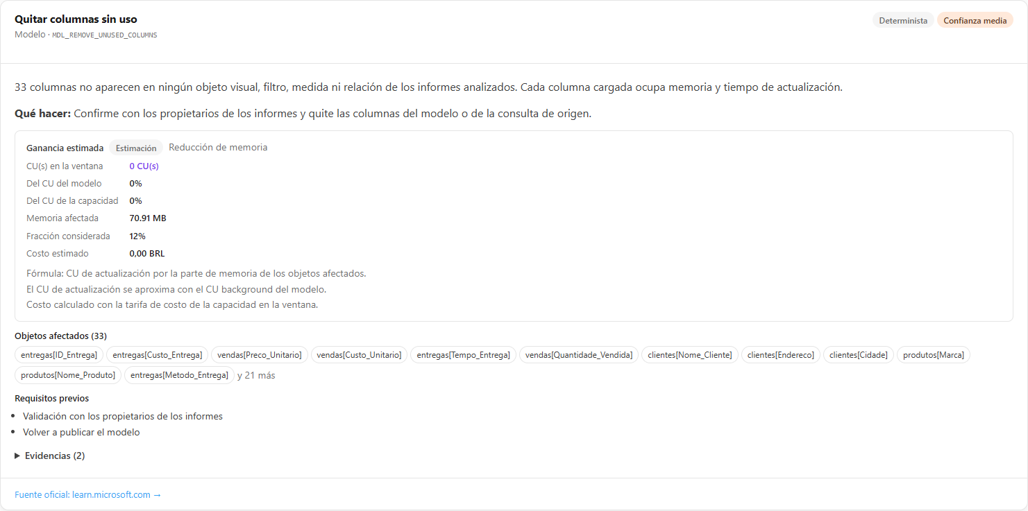 Tarjeta de una recomendación con insignias, ganancia estimada, objetos afectados y requisitos previos