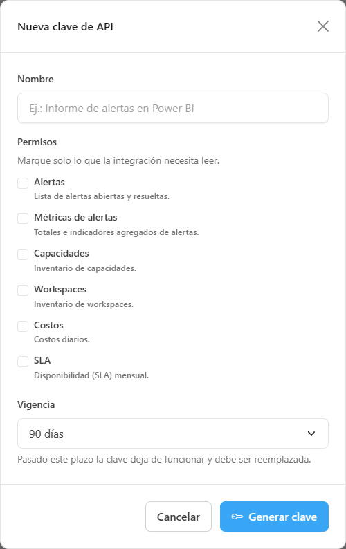 Modal Nueva clave de API con nombre, permisos y vigencia