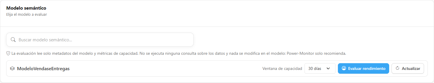 Tarjeta Modelo semántico con la búsqueda, el aviso de alcance, el modelo elegido y los controles Ventana de capacidad, Evaluar rendimiento y Actualizar