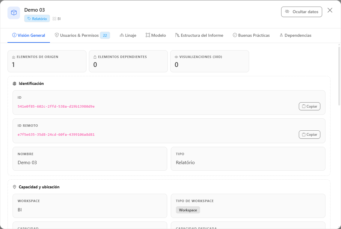 Modal de detalles de un informe en la pestaña Visión General, con ID, workspace, capacidad, fechas y autores