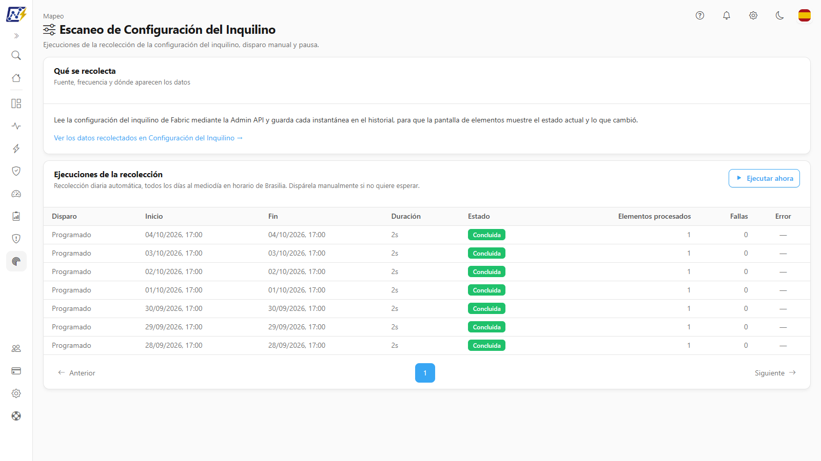 Pantalla Configuración del Inquilino con la tarjeta Qué se recolecta y la tarjeta Ejecuciones de la recolección
