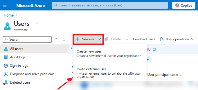 Opción Invite external user en el portal de Azure