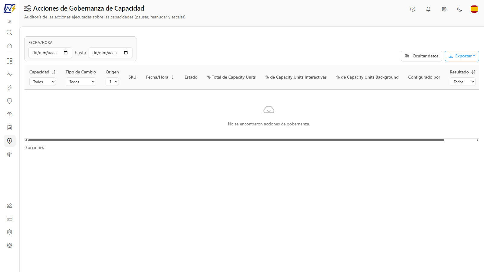 Acciones de Gobernanza de Capacidad con filtros y la lista de acciones