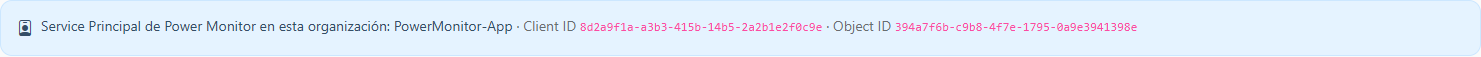 Aviso con el nombre, el Client ID y el Object ID del Service Principal de Power Monitor
