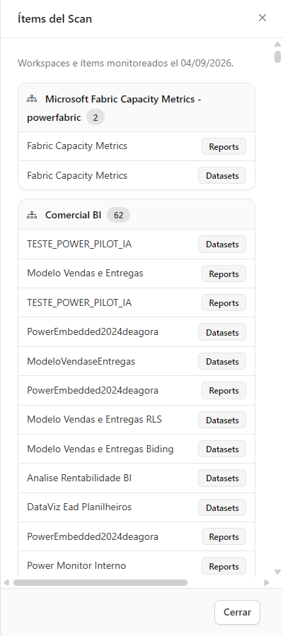 Panel lateral Ítems del Scan con los workspaces y elementos de un día