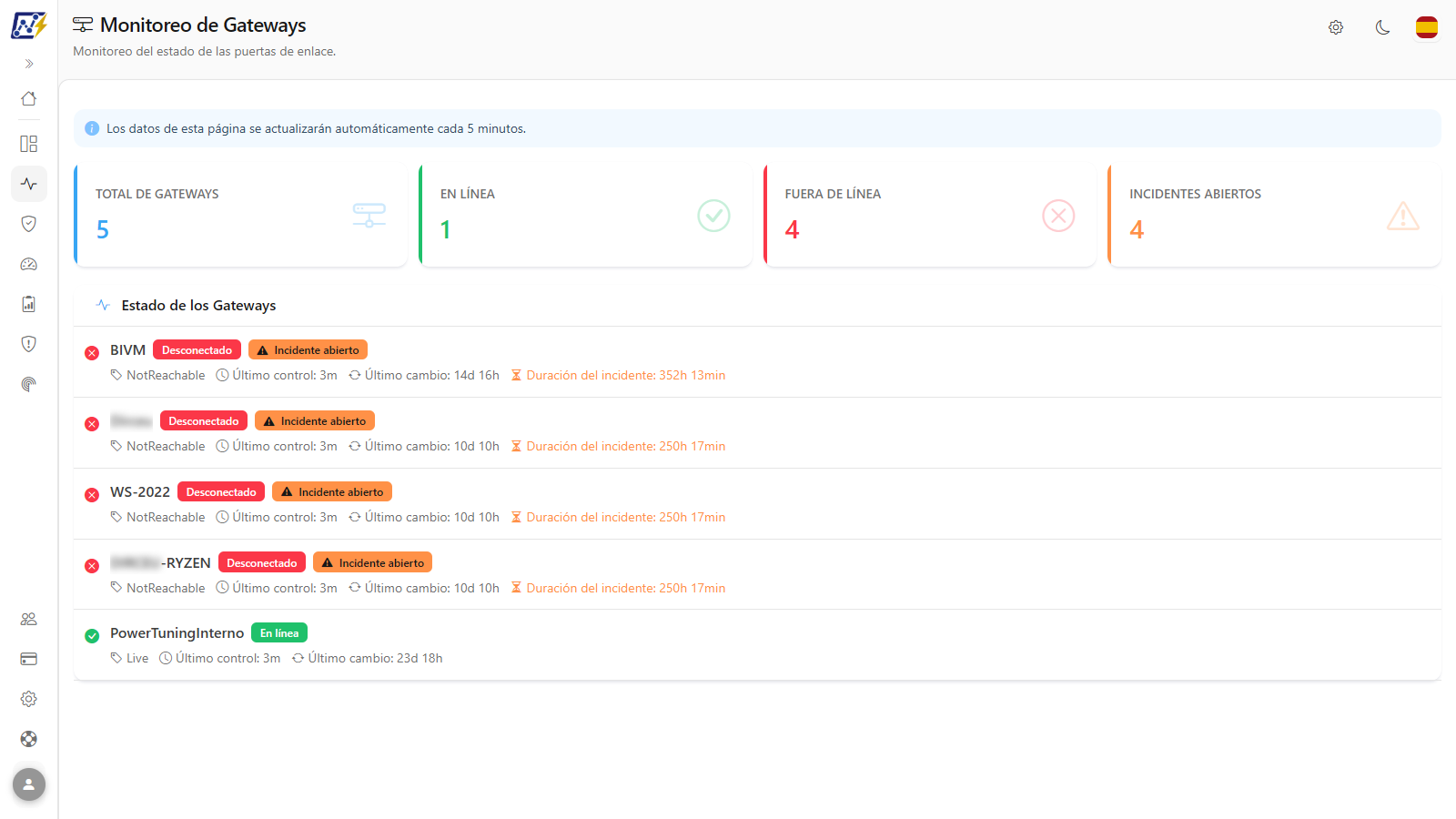 Pantalla Monitoreo de Gateways con las tarjetas de resumen y la lista Estado de los Gateways